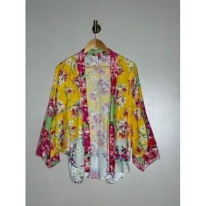 Akemi + Kin Yellow Floral Kimono Wrap Top Open Front Cardigan S/M